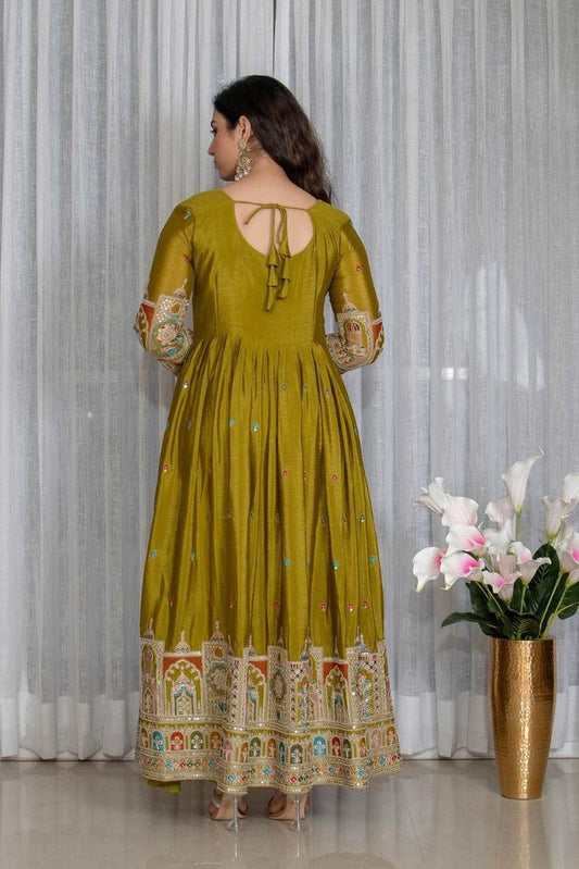 Olive Green Embroidered Anarkali Suit Set with Dupatta