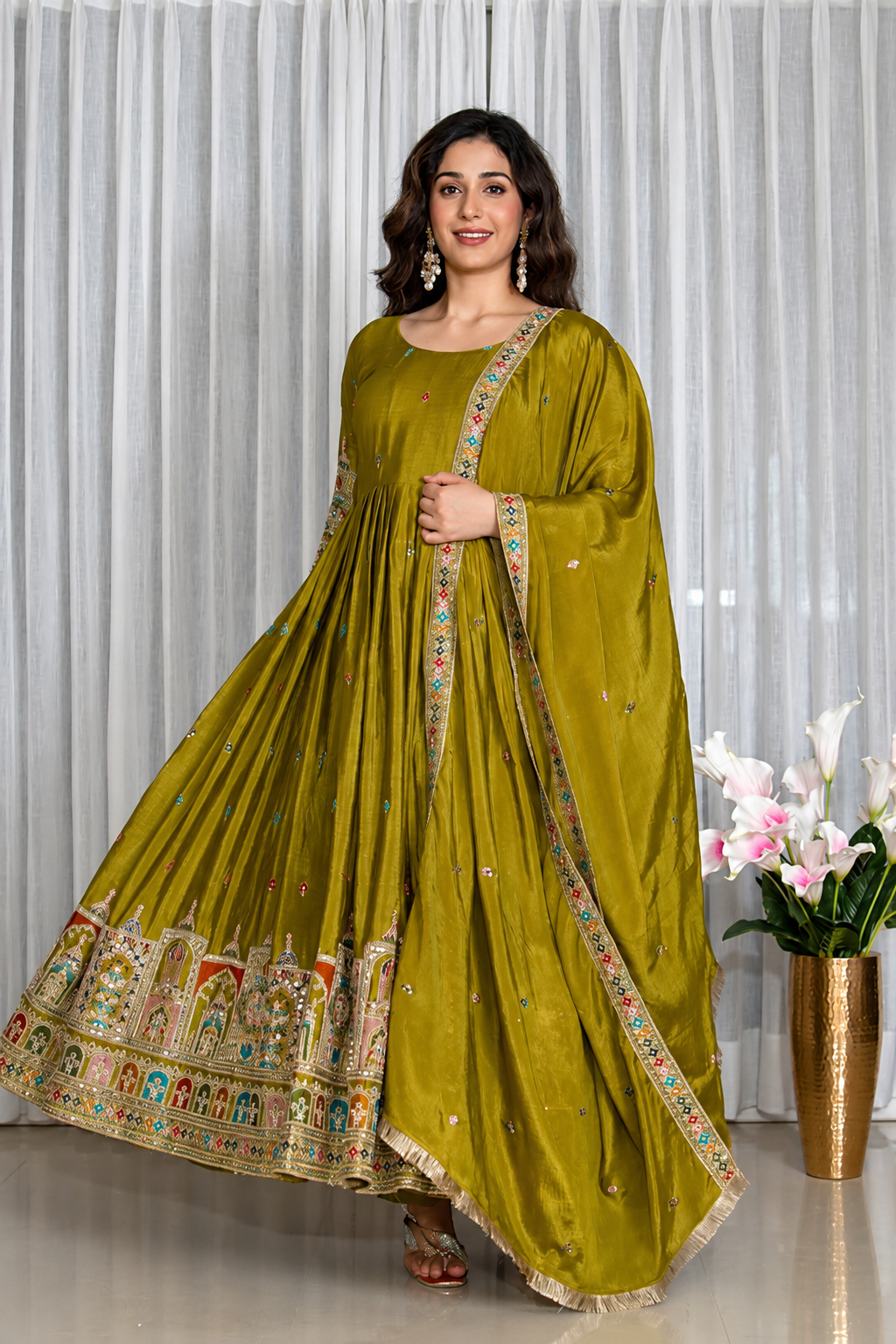 Olive Green Embroidered Anarkali Suit Set with Dupatta