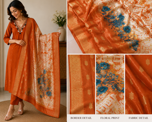 Burnt Orange Embroidered Kurta Set with Designer Printed Dupatta