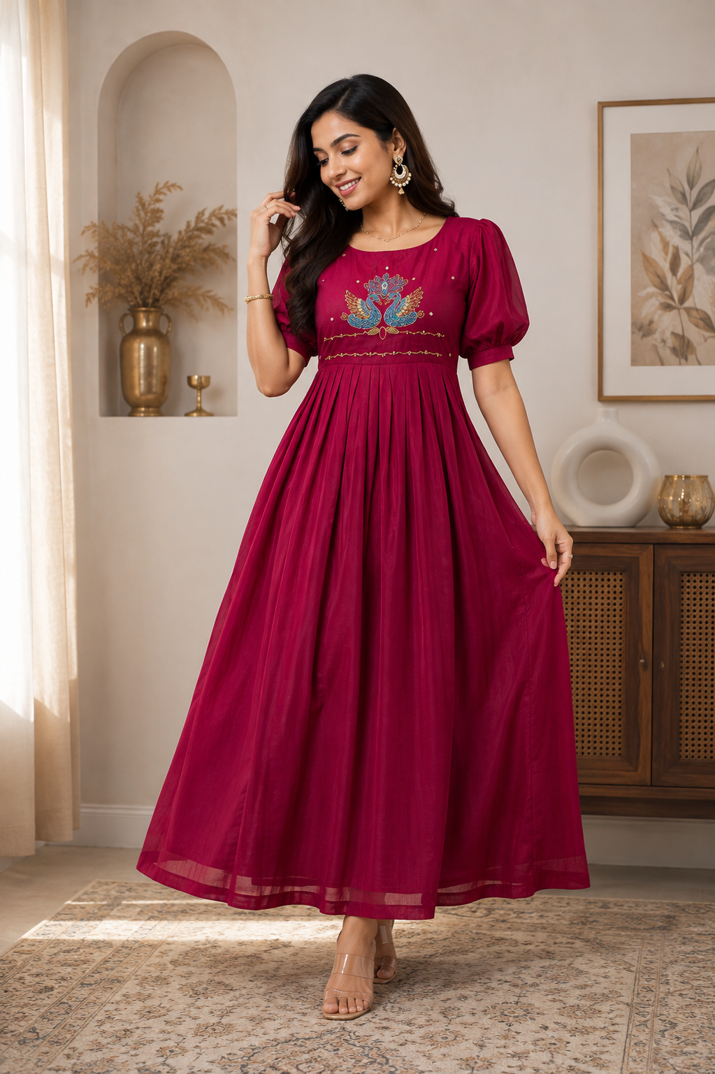 Wine Magenta Peacock Embroidered Pleated Anarkali Dress