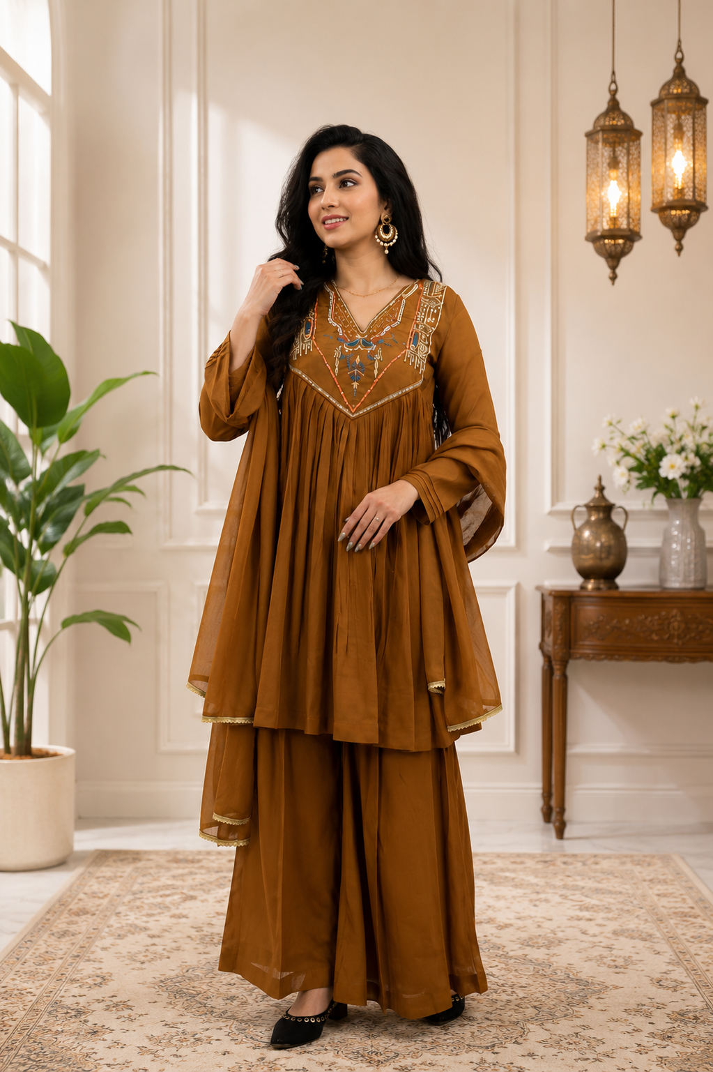 Mustard Brown Embroidered Anarkali Kurta Palazzo Dupatta Set