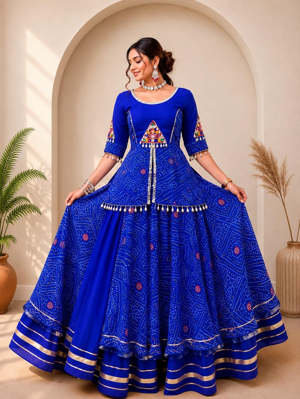 Royal Blue Bandhani Embroidered Anarkali Gown