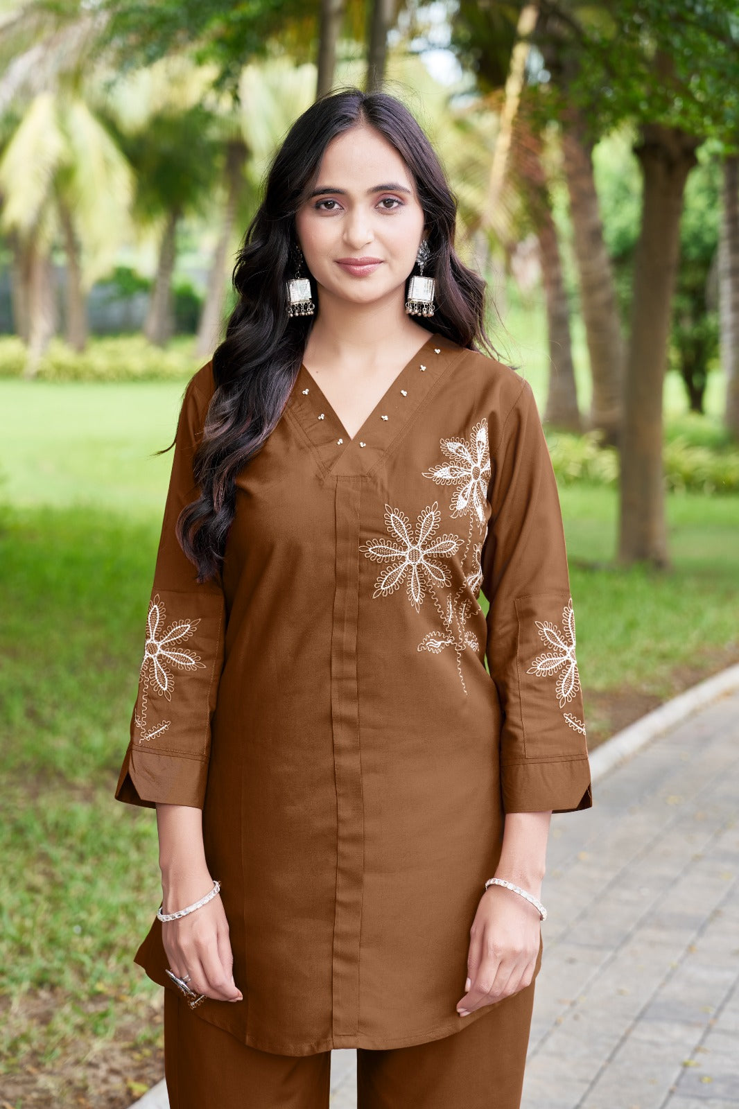 Mocha Brown Floral Embroidered Kurta Pant Co-Ord Set