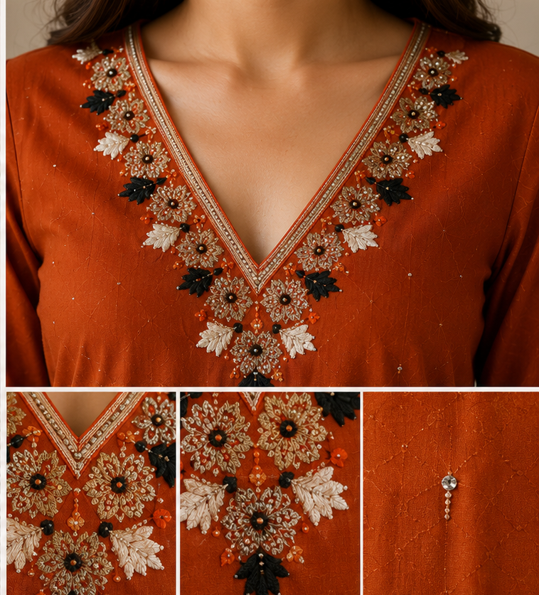 Burnt Orange Embroidered Kurta Set with Designer Printed Dupatta