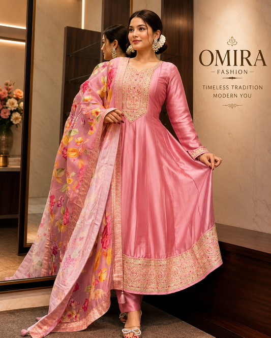 Blush Pink Anarkali Suit Set with Floral Dupatta