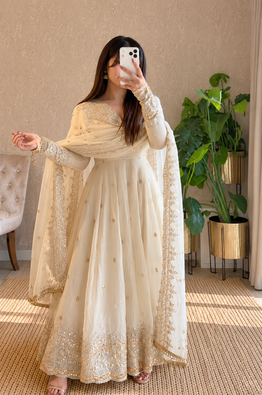 Ivory Elegance Embroidered Anarkali Suit Set