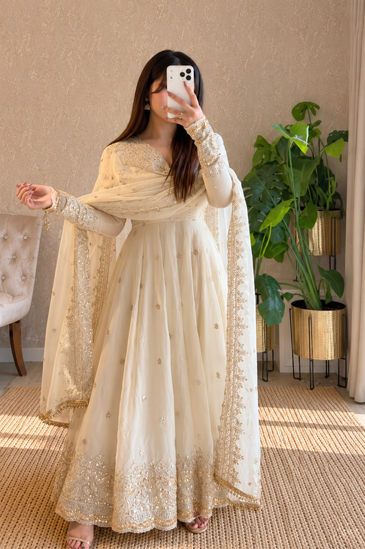 Ivory Elegance Embroidered Anarkali Suit Set