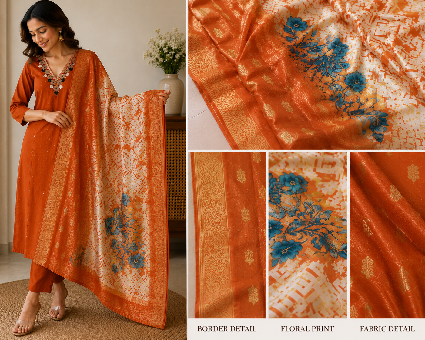 Burnt Orange Embroidered Kurta Set with Designer Printed Dupatta
