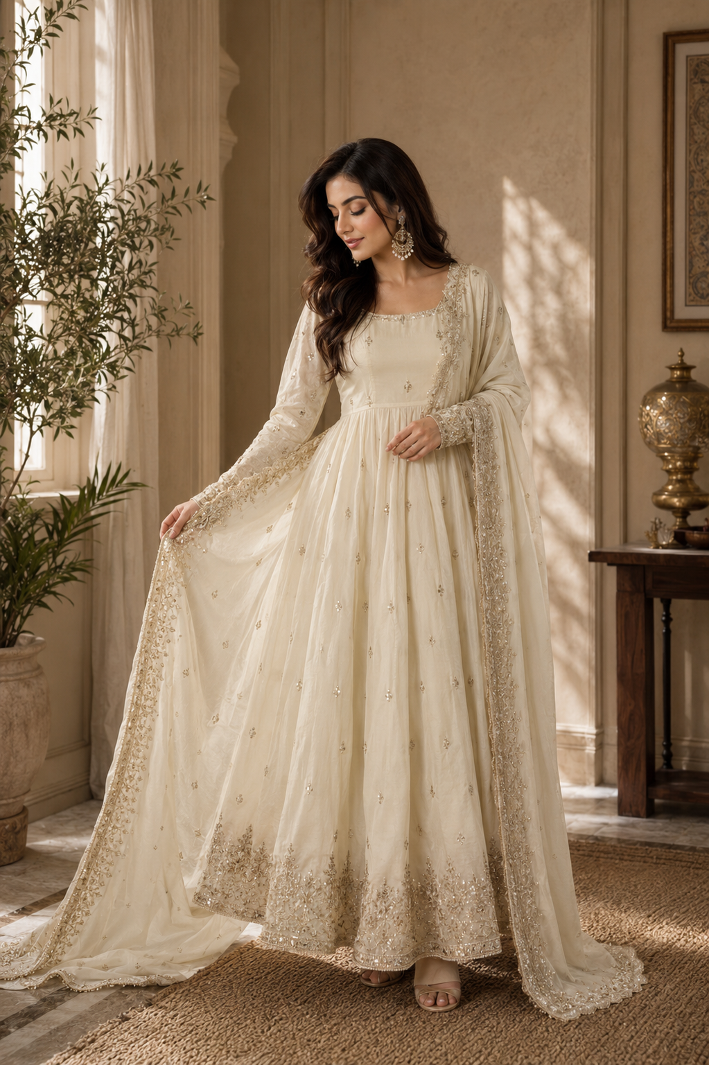 Ivory Elegance Embroidered Anarkali Suit Set