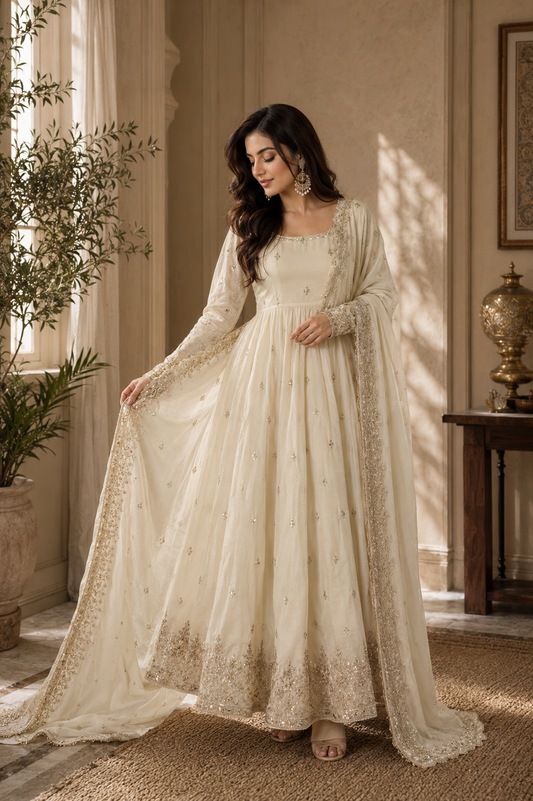 Ivory Elegance Embroidered Anarkali Suit Set
