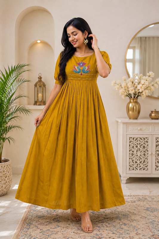 Mustard Yellow Peacock Embroidered Pleated Anarkali Dress