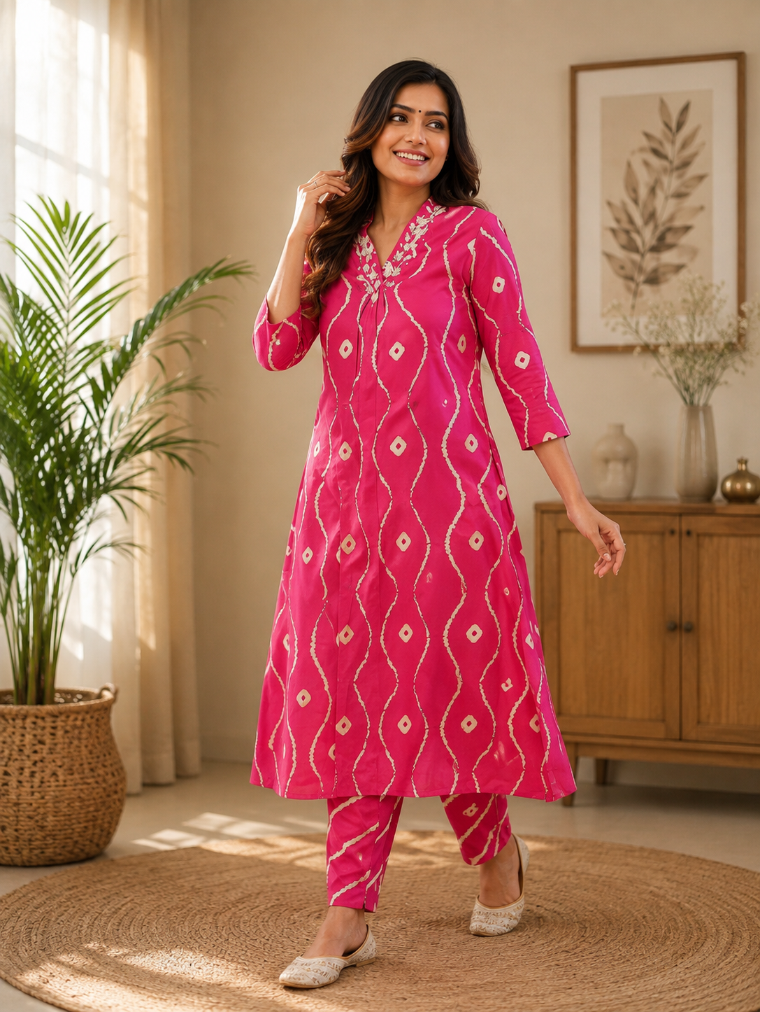 Bright Pink Bandhani Printed Kurta Pant Set