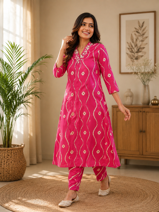 Bright Pink Bandhani Printed Kurta Pant Set