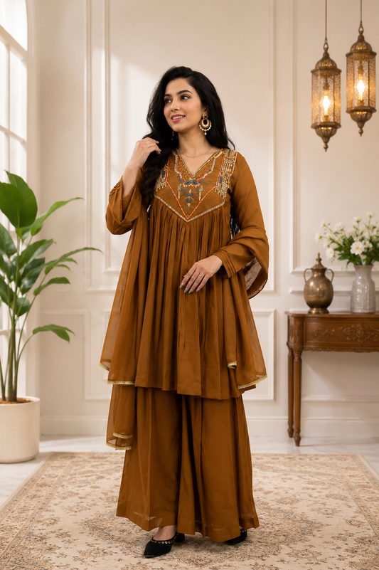 Mustard Brown Embroidered Anarkali Kurta Palazzo Dupatta Set