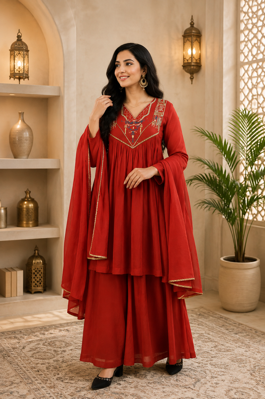 Elegant Red Embroidered Anarkali Kurta Pant Dupatta Set