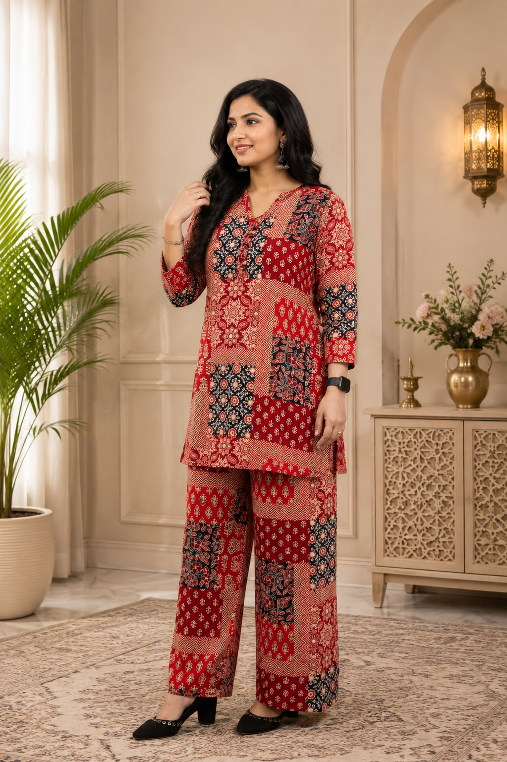 Red Printed Floral & Geometric Kurta Pant Co-Ord Set