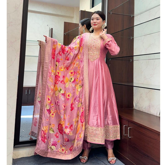 Beautiful Pink Anarkali Suit Set with Banarasi Dupatta