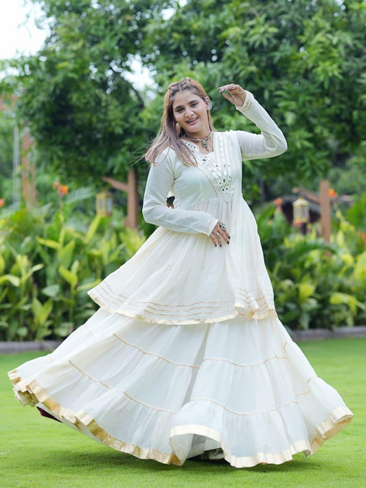 Ivory White Layered Anarkali Gown with Embroidered Yoke