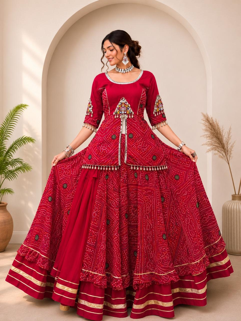 Maroon Bandhani Embroidered Anarkali Gown with Flared Skirt
