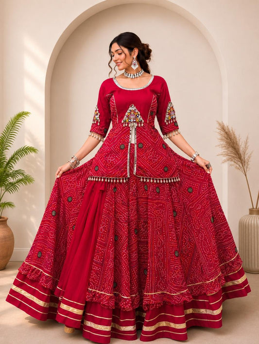 Maroon Bandhani Embroidered Anarkali Gown with Flared Skirt