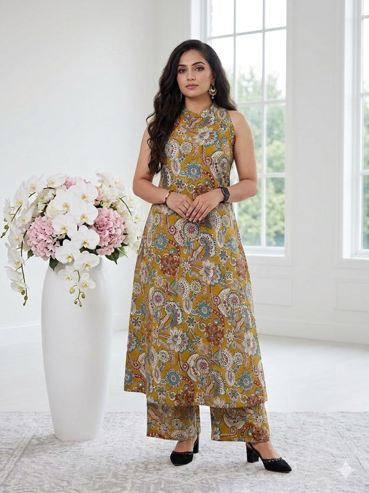 Mustard Floral Printed Sleeveless Kurta Pant Co-Ord Set