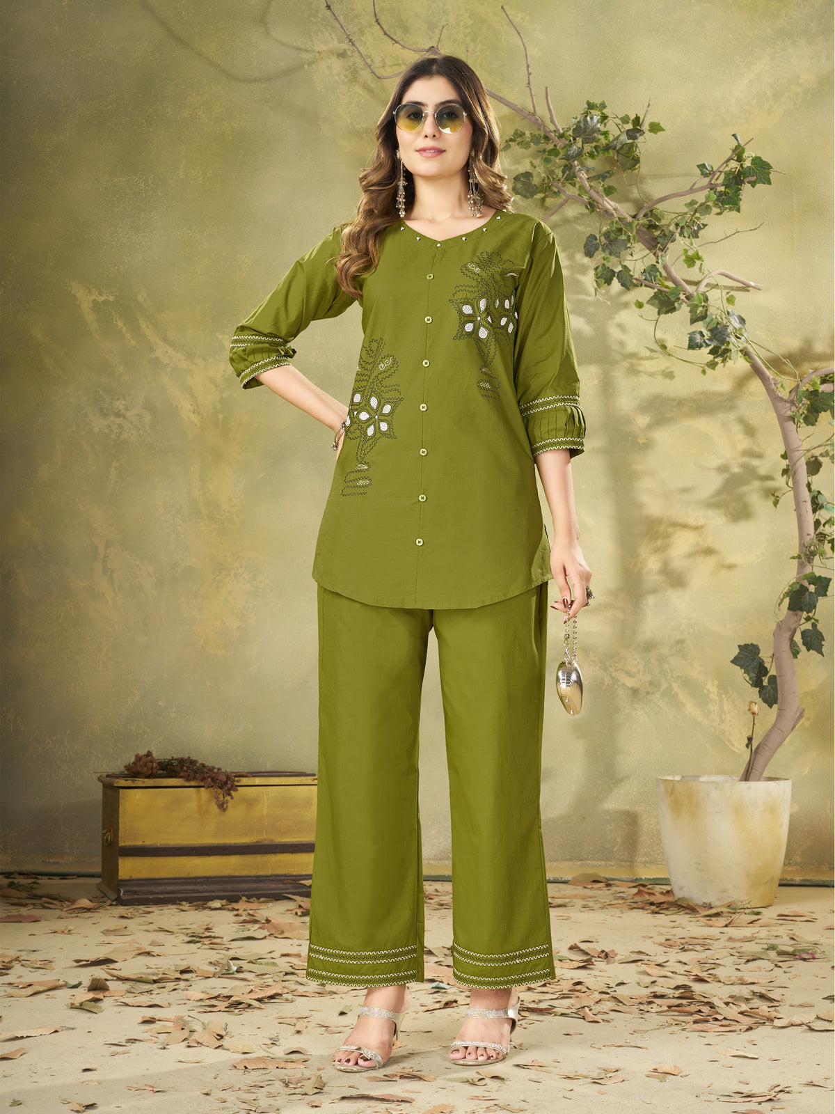 Olive Green Embroidered Kurta Pant Co-Ord Set