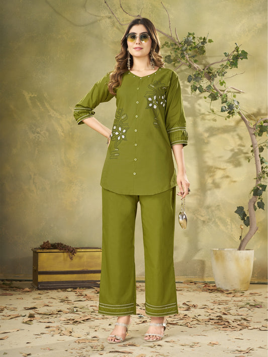 Olive Green Embroidered Kurta Pant Co-Ord Set