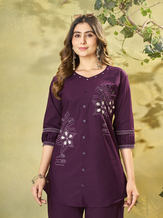 Wine Purple Embroidered Button-Down Kurta Pant Co-Ord Set