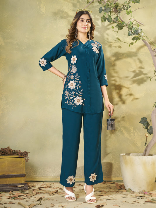 Teal Floral Embroidered V-Neck Kurta Pant Set for Women
