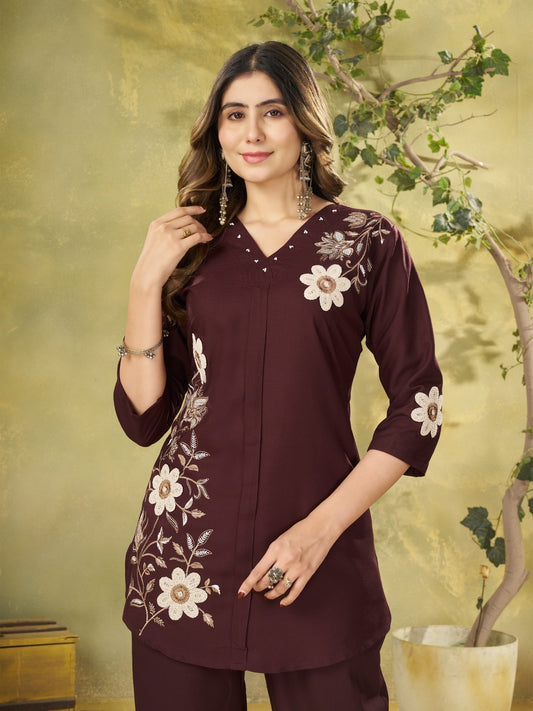 Wine Brown Floral Embroidered Kurta Pant Co-Ord Set