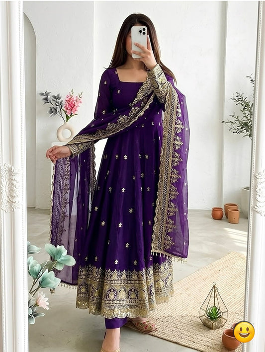 Royal Purple Embroidered Anarkali Suit Set with Dupatta