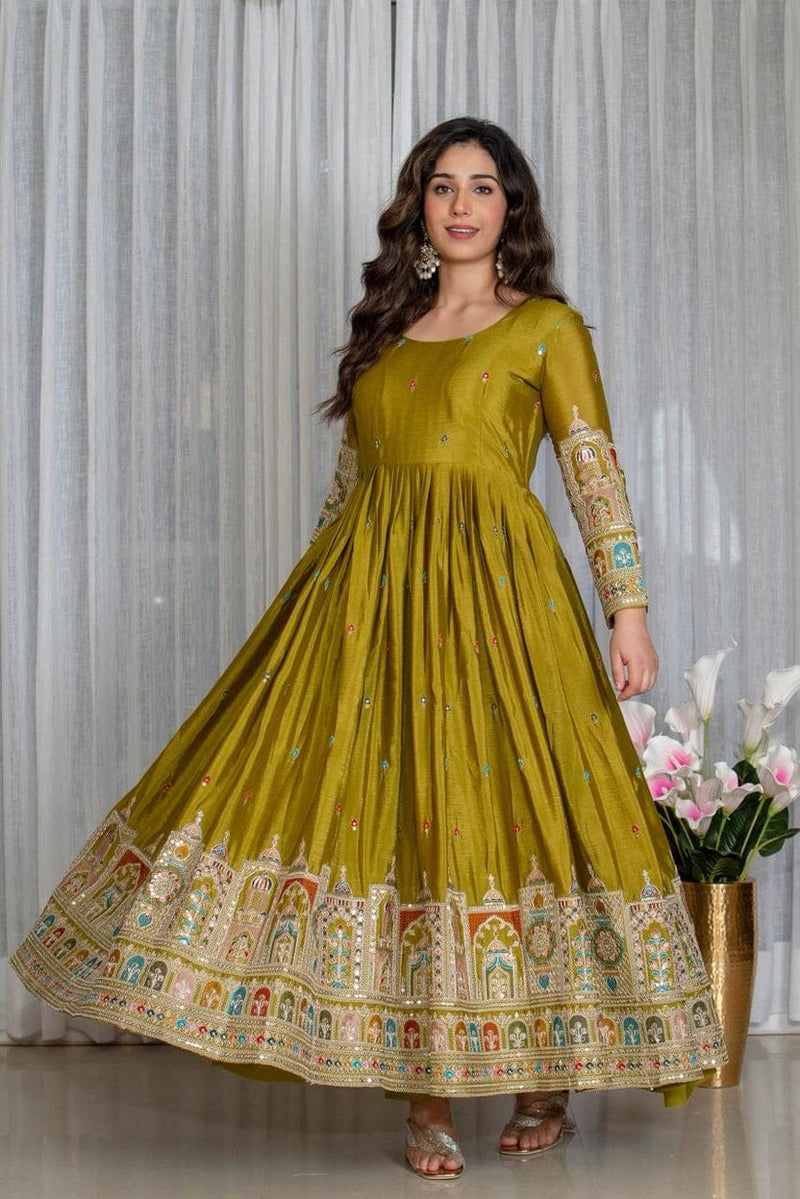 Olive Green Multicolor Embroidered Anarkali Dress