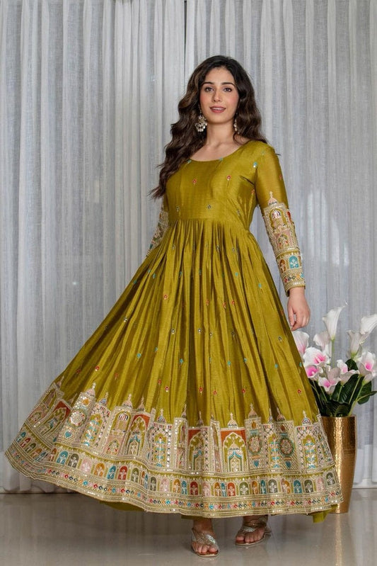 Olive Green Multicolor Embroidered Anarkali Dress