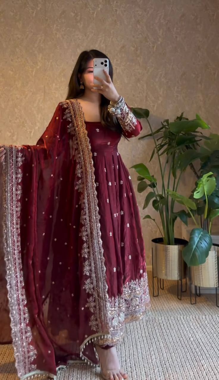 Wine Embroidered Anarkali Suit with Designer Dupatta