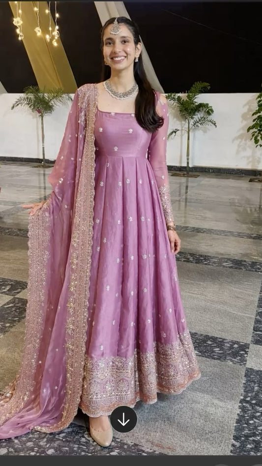 Lavender Elegance Embroidered Anarkali Suit Set with Dupatta