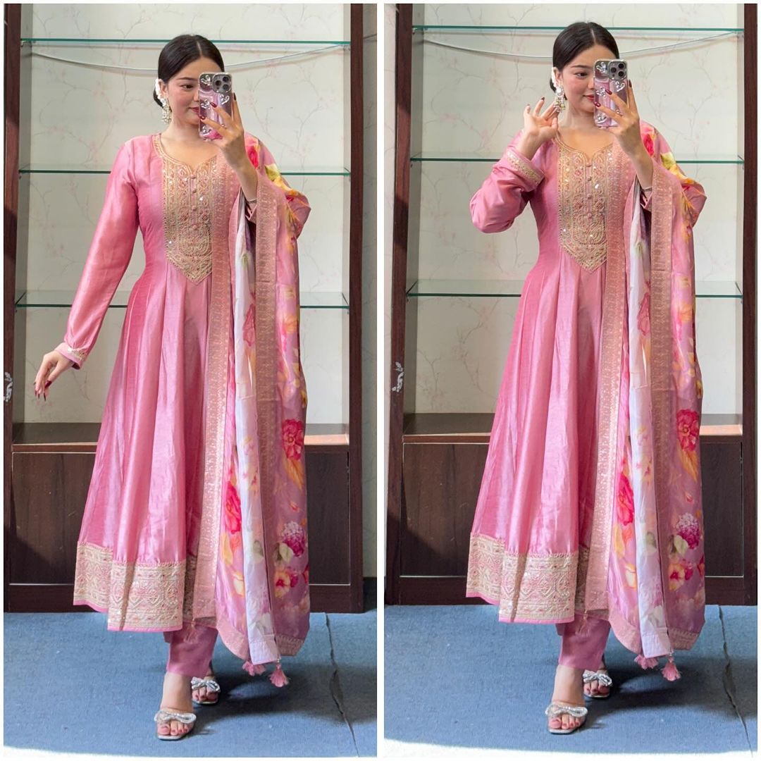 Beautiful Pink Anarkali Suit Set with Banarasi Dupatta