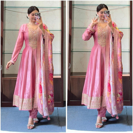Beautiful Pink Anarkali Suit Set with Banarasi Dupatta