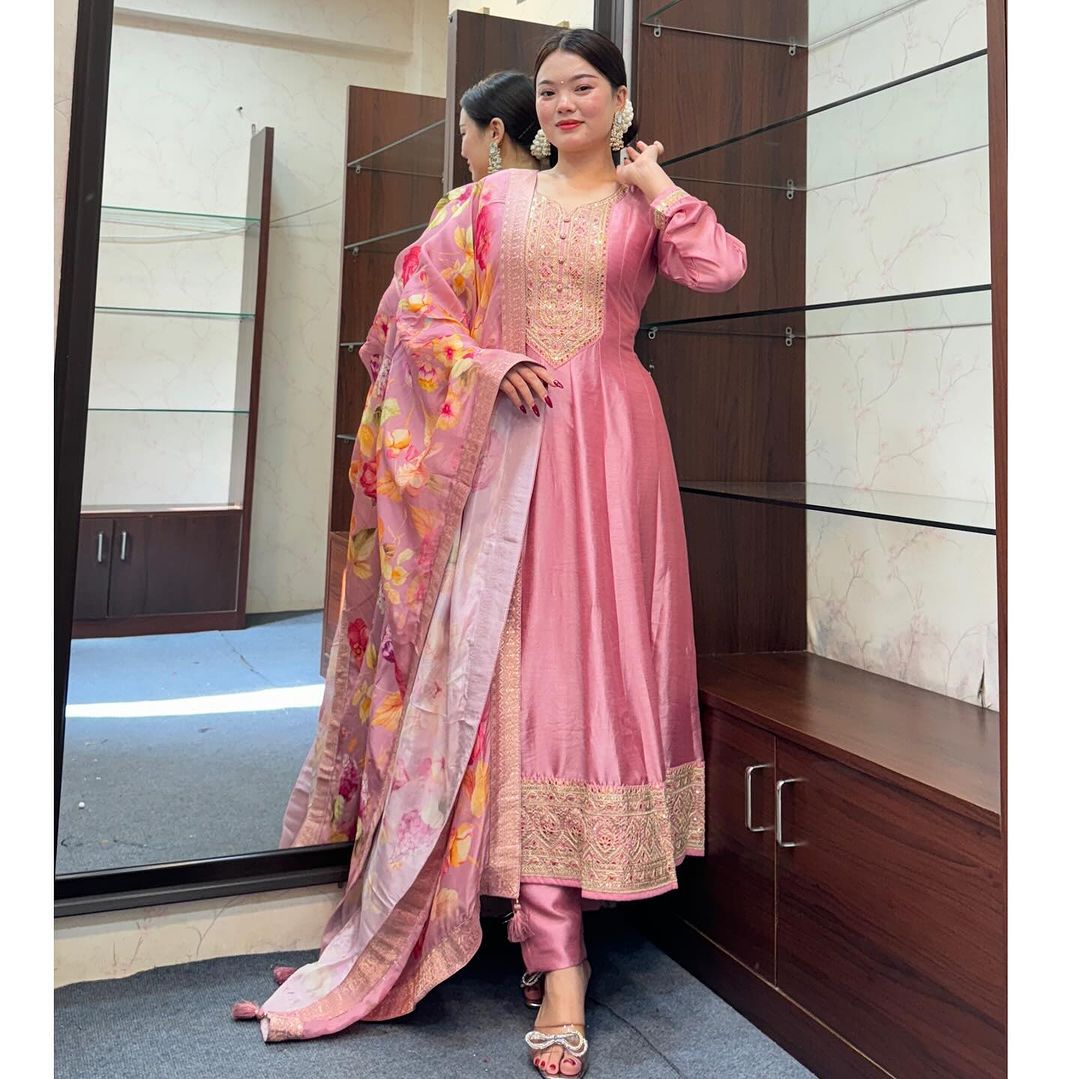 Beautiful Pink Anarkali Suit Set with Banarasi Dupatta
