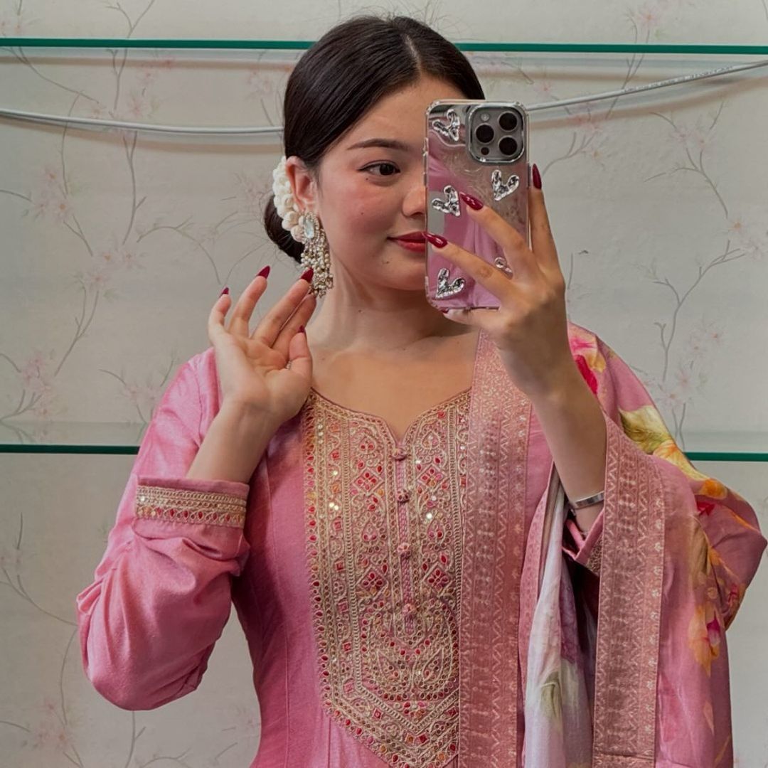 Beautiful Pink Anarkali Suit Set with Banarasi Dupatta