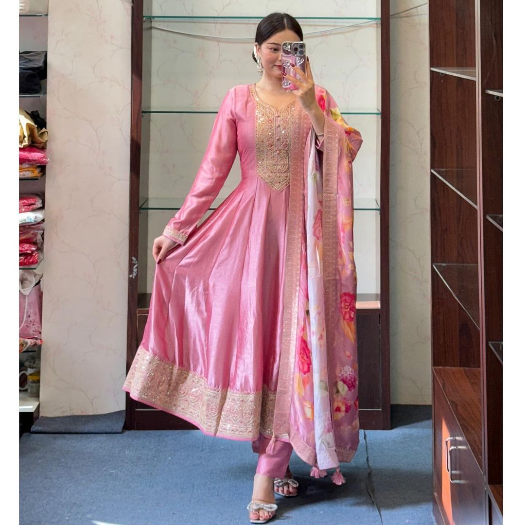 Beautiful Pink Anarkali Suit Set with Banarasi Dupatta
