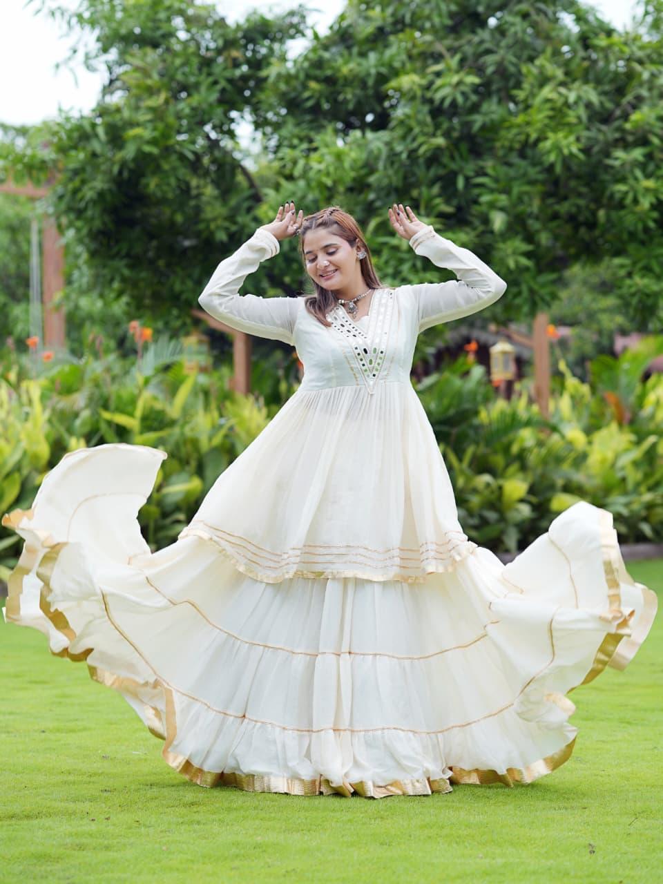 Ivory White Layered Anarkali Gown with Embroidered Yoke
