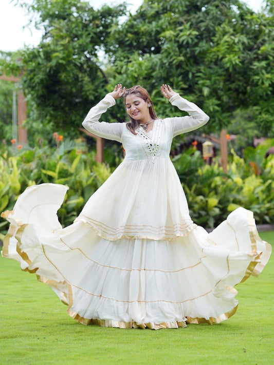 Ivory White Layered Anarkali Gown with Embroidered Yoke