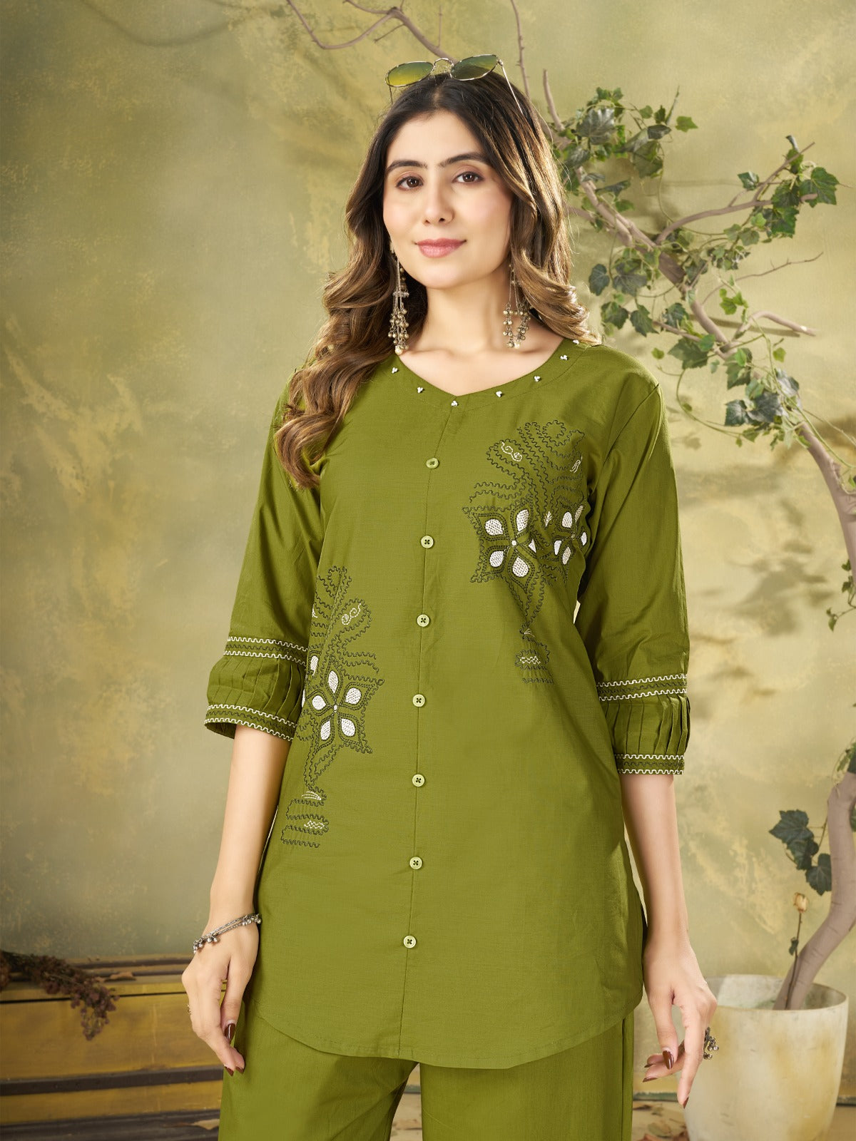 Olive Green Embroidered Kurta Pant Co-Ord Set