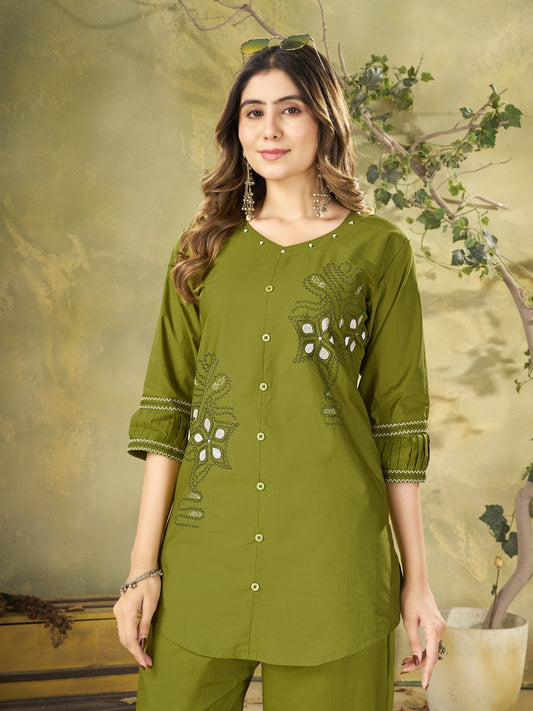 Olive Green Embroidered Kurta Pant Co-Ord Set