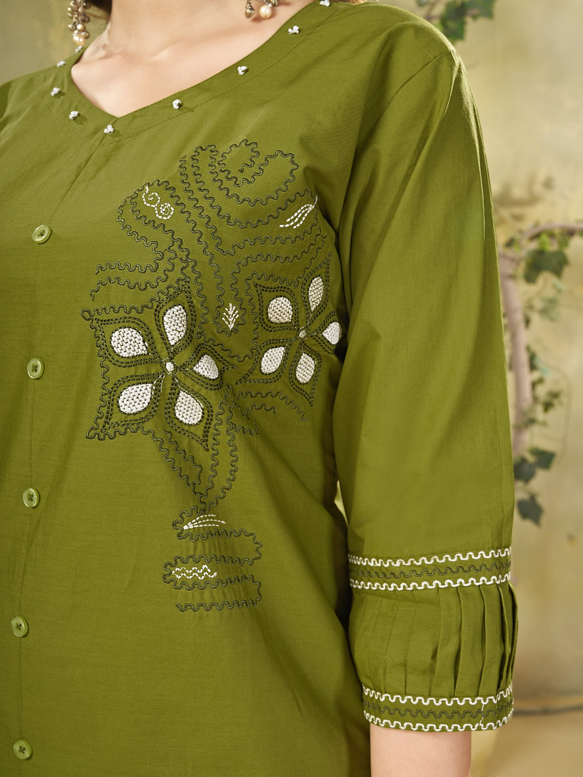 Olive Green Embroidered Kurta Pant Co-Ord Set