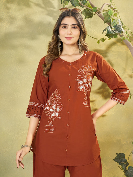 Rust Orange Floral Embroidered Kurta Pant Co-Ord Set