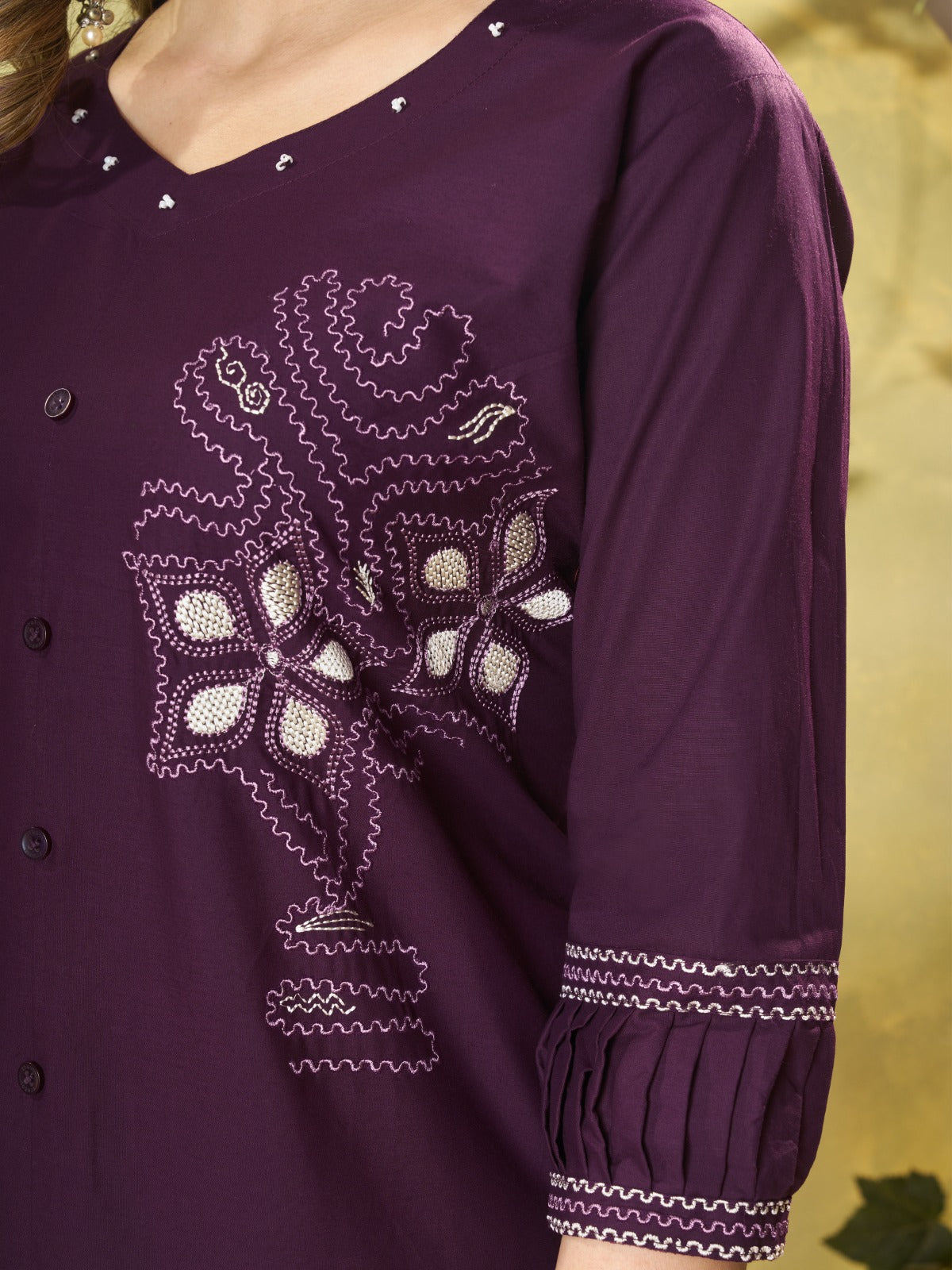 Wine Purple Embroidered Button-Down Kurta Pant Co-Ord Set