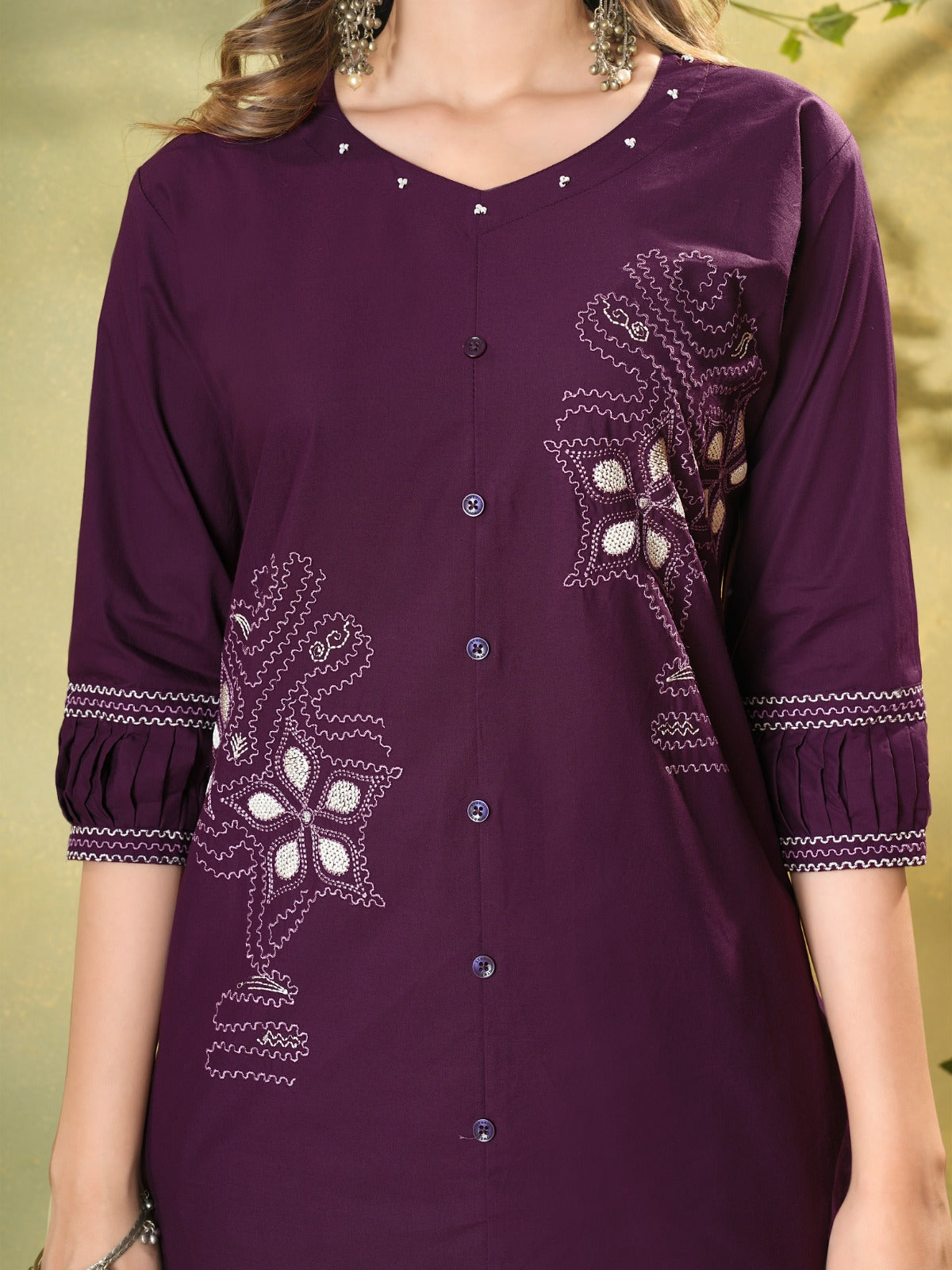 Wine Purple Embroidered Button-Down Kurta Pant Co-Ord Set