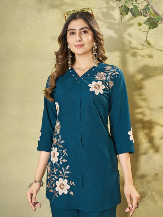 Teal Floral Embroidered V-Neck Kurta Pant Set for Women