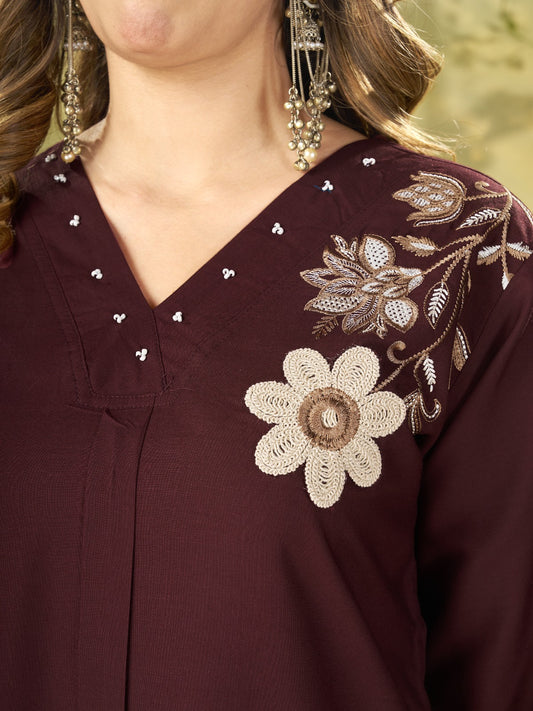 Wine Brown Floral Embroidered Kurta Pant Co-Ord Set